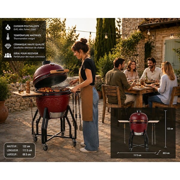 INTEC - Barbecue à charbon de bois Céramique Kamado Rouge 2 zones de cuisson Grill & Fumoir Ø56cm - Barbecue mobile + 2 tablettes INTEC - large