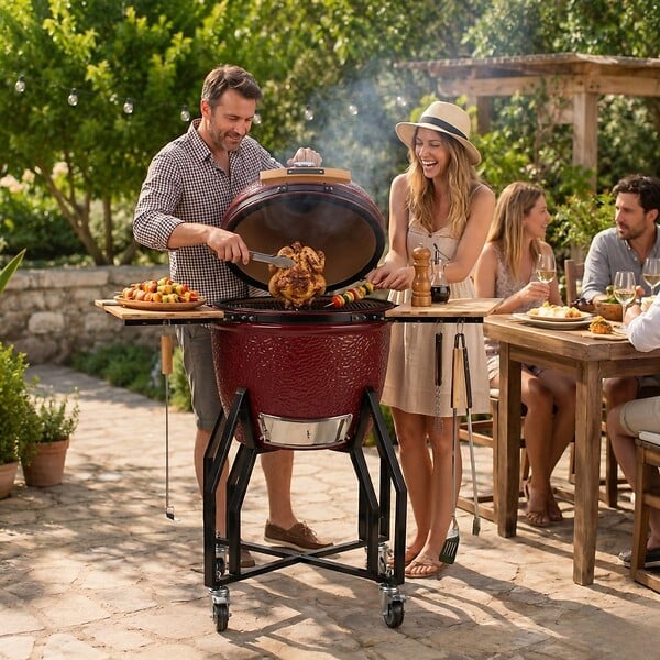 INTEC - Barbecue à charbon de bois Céramique Kamado Rouge 2 zones de cuisson Grill & Fumoir Ø56cm - Barbecue mobile + 2 tablettes INTEC - large