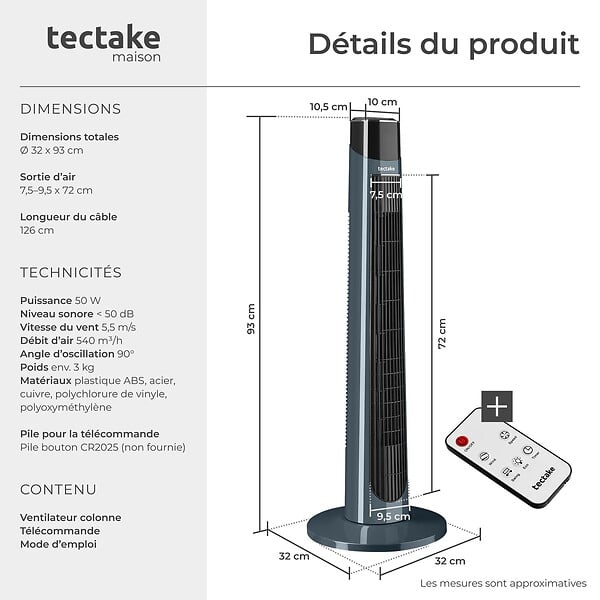 TECTAKE - Ventilateur colonne silencieux 3 modes 3 vitesses fonction oscillation 90° gris anthracite 32 x 93 cm - large