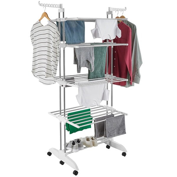 TECTAKE - Séchoir à linge tour pliable 4 étages en métal blanc gris chrome roulettes 125x63x179 cm - large