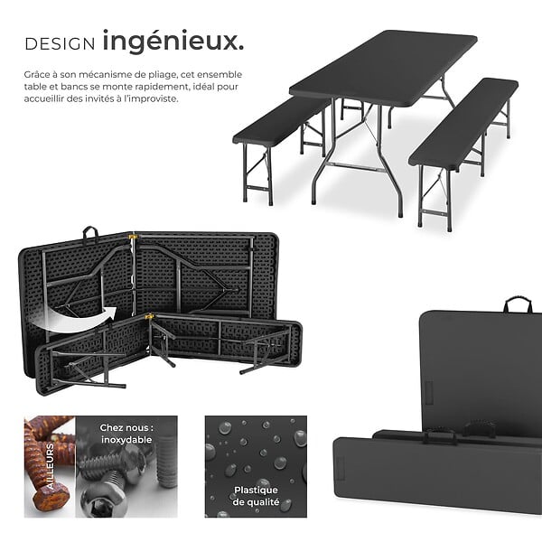 TECTAKE - 8 Places ensemble de table de camping pliable résistant aux intempéries gris anthracite compact verrouillage sécurité - large