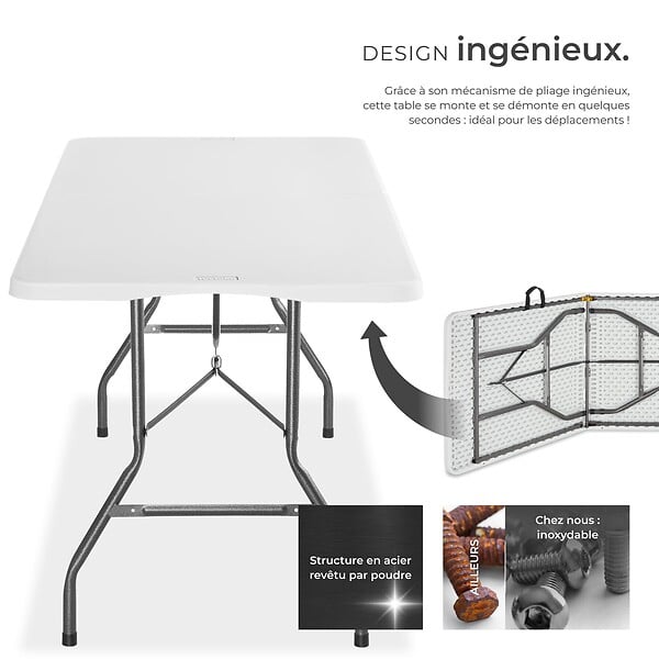 TECTAKE - Table de camping pliable résistante aux intempéries blanche avec poignée de transport 180 x 70 x 74 cm - large