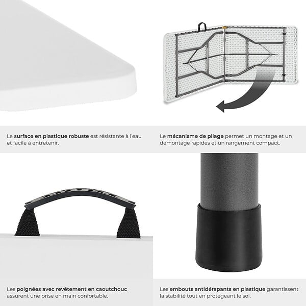 TECTAKE - Table de camping pliable résistante aux intempéries blanche avec poignée de transport 180 x 70 x 74 cm - large
