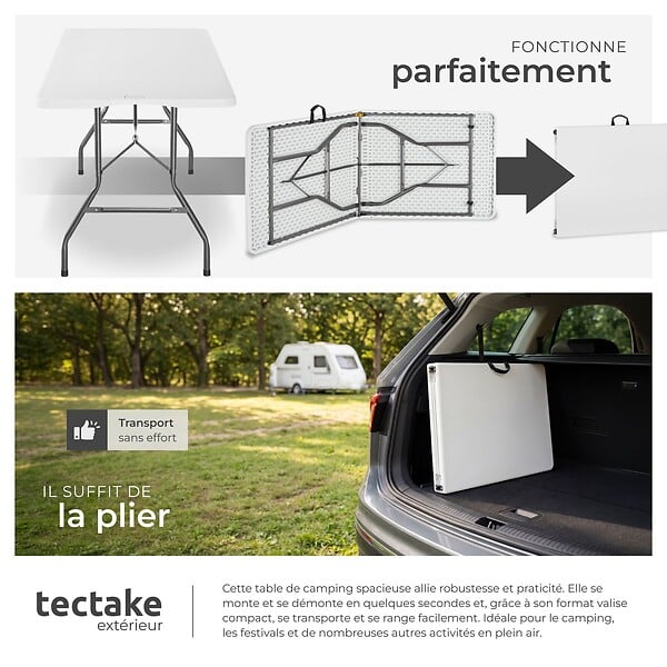TECTAKE - Table de camping pliable résistante aux intempéries blanche avec poignée de transport 180 x 70 x 74 cm - large