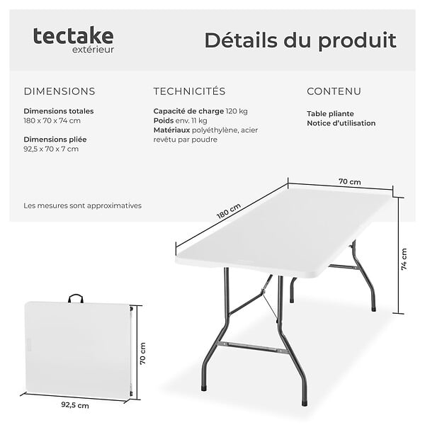 TECTAKE - Table de camping pliable résistante aux intempéries blanche avec poignée de transport 180 x 70 x 74 cm - large