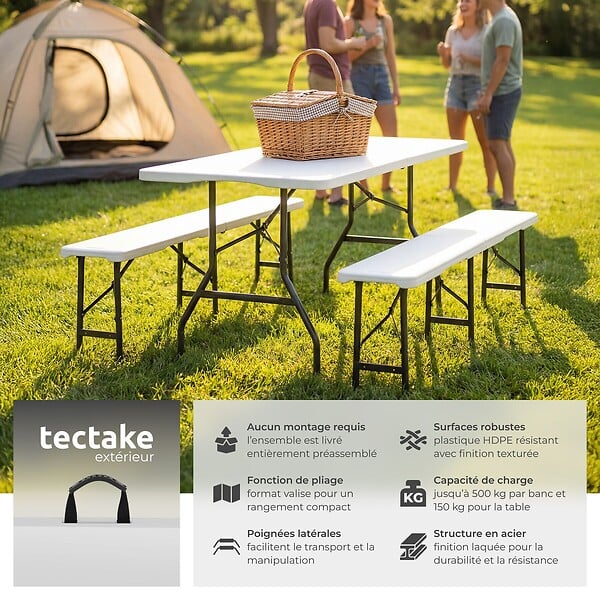 TECTAKE - 8 Places ensemble mobilier de camping pliable résistant aux intempéries blanc compact en polyéthylène acier 180 x 70 x 74 cm - large