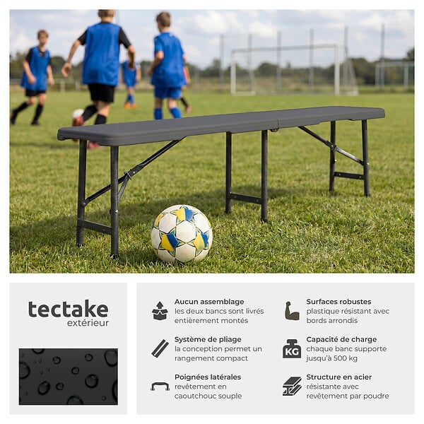 TECTAKE - 2 Bancs de camping pliables places gris anthracite compact serrure sécurité robustes acier thermolaqué et plastique 180 x 27,5 x 42 cm - large