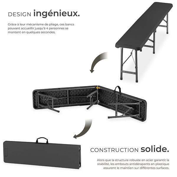 TECTAKE - 2 Bancs de camping pliables places gris anthracite compact serrure sécurité robustes acier thermolaqué et plastique 180 x 27,5 x 42 cm - large