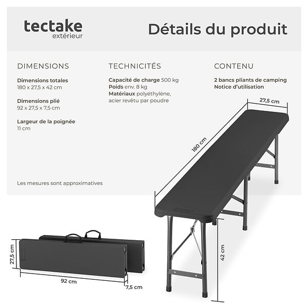 TECTAKE - 2 Bancs de camping pliables places gris anthracite compact serrure sécurité robustes acier thermolaqué et plastique 180 x 27,5 x 42 cm - large