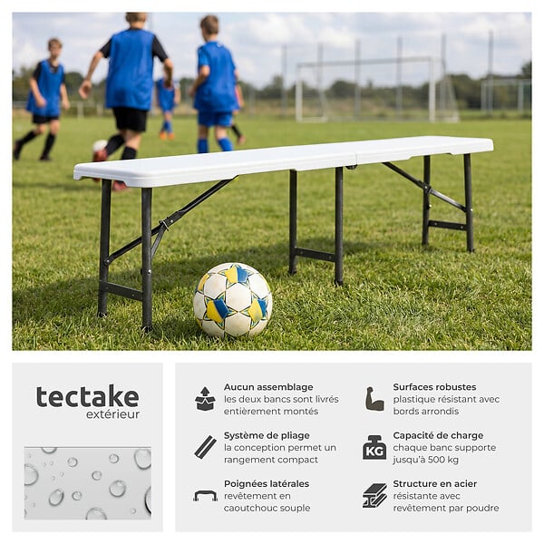 TECTAKE - Lot 2 bancs pliants camping blanc en aluminium charge 500 kg pliables compacts avec mallette - large