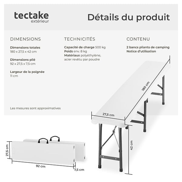 TECTAKE - Lot 2 bancs pliants camping blanc en aluminium charge 500 kg pliables compacts avec mallette - large
