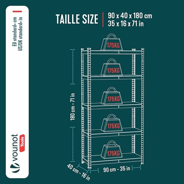 VOUNOT - Etagères de rangement charge lourde robuste à 5 niveaux 90x40x180cm - large