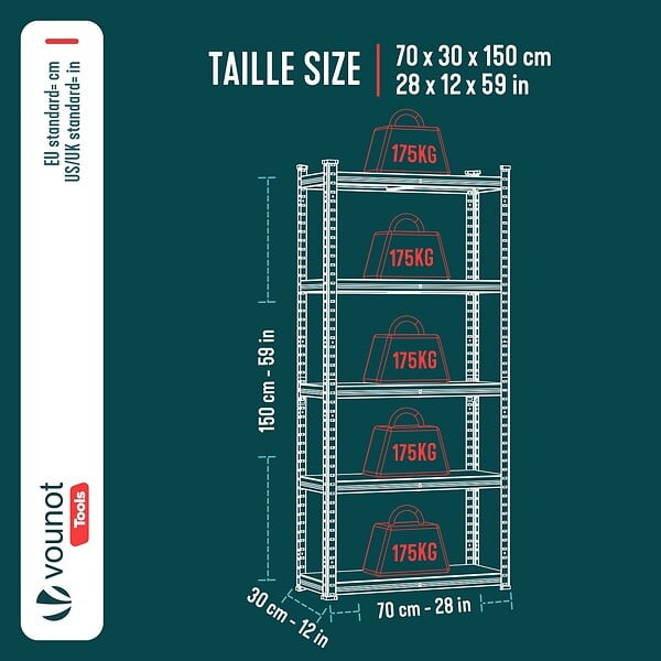 VOUNOT - Etagères de rangement charge lourde robuste à 5 niveaux 70x30x150cm - large