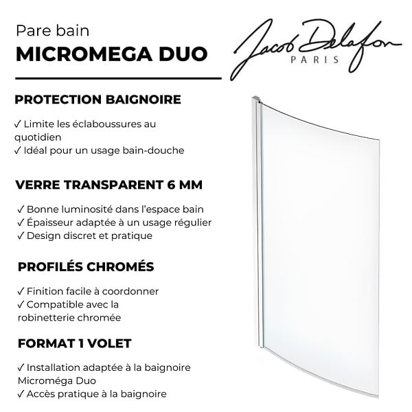 JACOB DELAFON - JACOB DELAFON Pare baignoire,1 volet, courbé Micromega Duo réversible - large