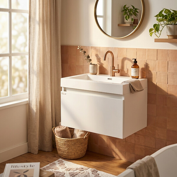 NATUREL - Meuble de salle de bain suspendu 60 x 48 cm avec vasque, blanc brillant, Verona (VERONA60WH) - large