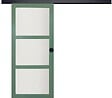 GD MENUISERIES - Porte Coulissante Vert Sauge RAL 6021 Vitrée H204 x L73 cm, Rail Alu Bandeau Noir, coquilles Noir - vignette