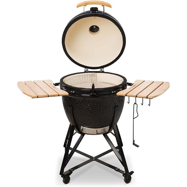INTEC - Barbecue à charbon de bois Céramique Kamado Noir 2 zones de cuisson Grill & Fumoir Ø56cm - Barbecue mobile + 2 tablettes INTEC - large