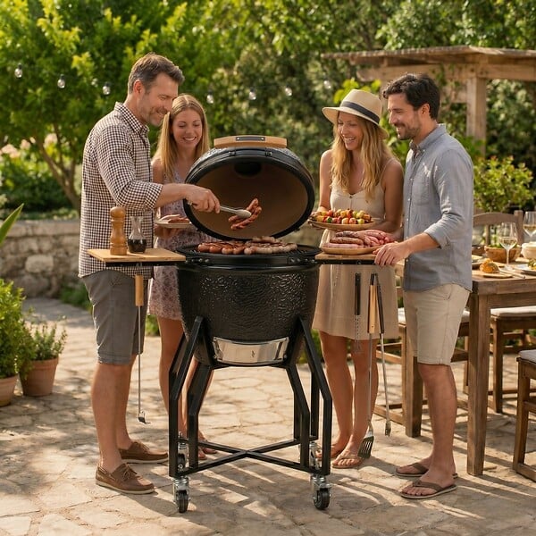INTEC - Barbecue à charbon de bois Céramique Kamado Noir 2 zones de cuisson Grill & Fumoir Ø56cm - Barbecue mobile + 2 tablettes INTEC - large