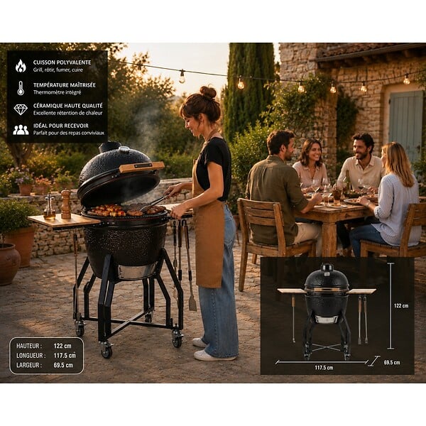 INTEC - Barbecue à charbon de bois Céramique Kamado Noir 2 zones de cuisson Grill & Fumoir Ø56cm - Barbecue mobile + 2 tablettes INTEC - large