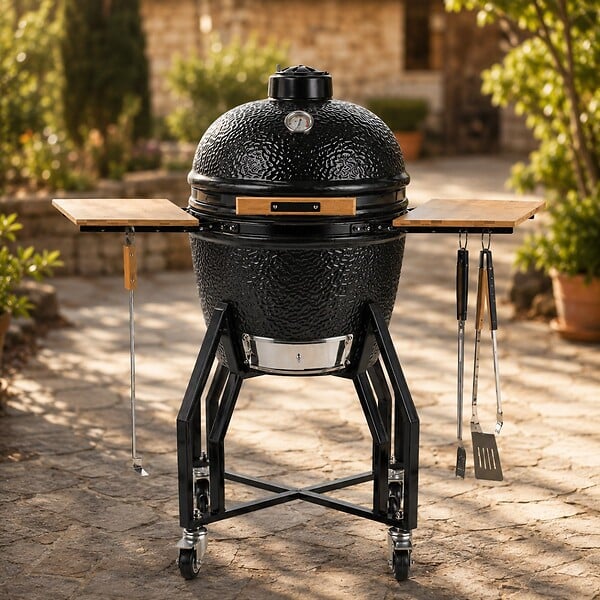 INTEC - Barbecue à charbon de bois Céramique Kamado Noir 2 zones de cuisson Grill & Fumoir Ø56cm - Barbecue mobile + 2 tablettes INTEC - large