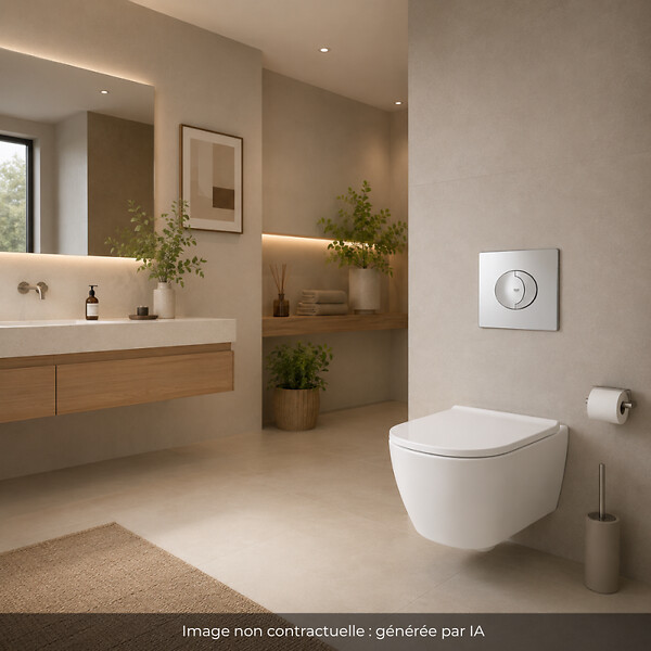 GROHE - Pack WC suspendu sans bride Start Round Ceramic  + Bati support hauteur réduite universel mur-sol + Plaque carré chromé - large