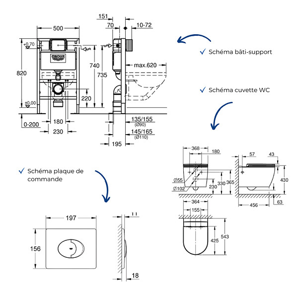 GROHE - Pack WC suspendu sans bride Start Round Ceramic  + Bati support hauteur réduite universel mur-sol + Plaque carré chromé - large