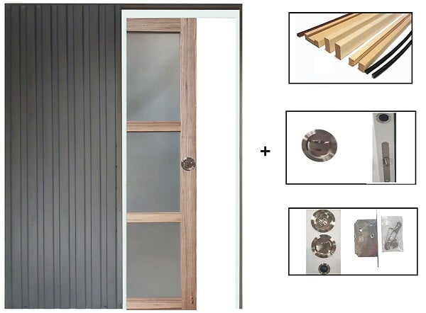 GD MENUISERIES - Porte Coulissante bois Frake Vitrée H204 x L83 cm, Galandage, kit de finition - large