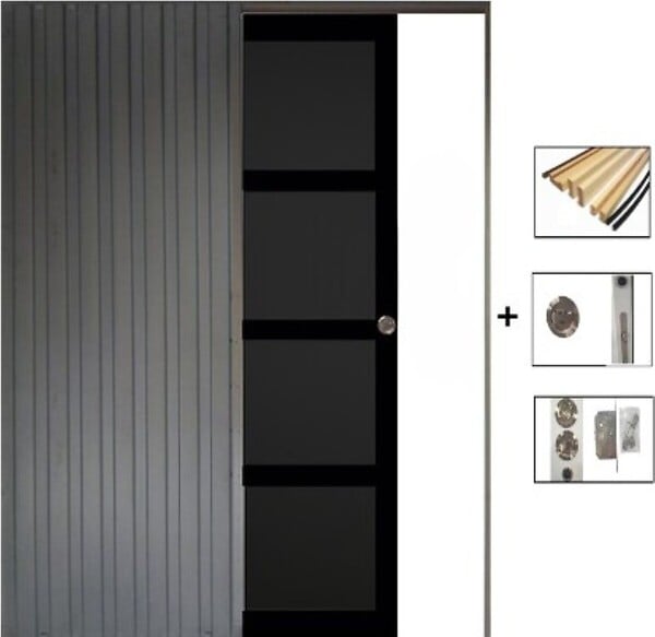GD MENUISERIES - Porte Coulissante Telia noir 4 panneaux H204 x L83 cm, Galandage, kit finition - large