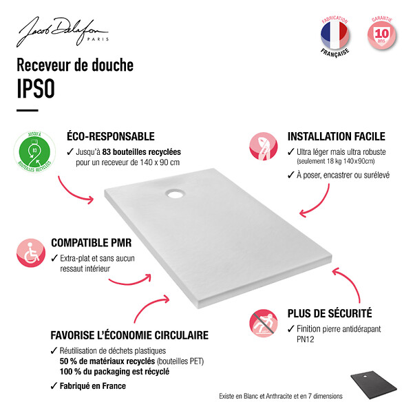 JACOB DELAFON - Receveur de douche 100 x 80 Ipso rectangle gris anthracite - large