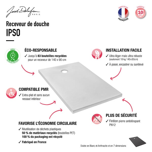 JACOB DELAFON - Receveur de douche 140 x 90 Ipso rectangle blanc - large