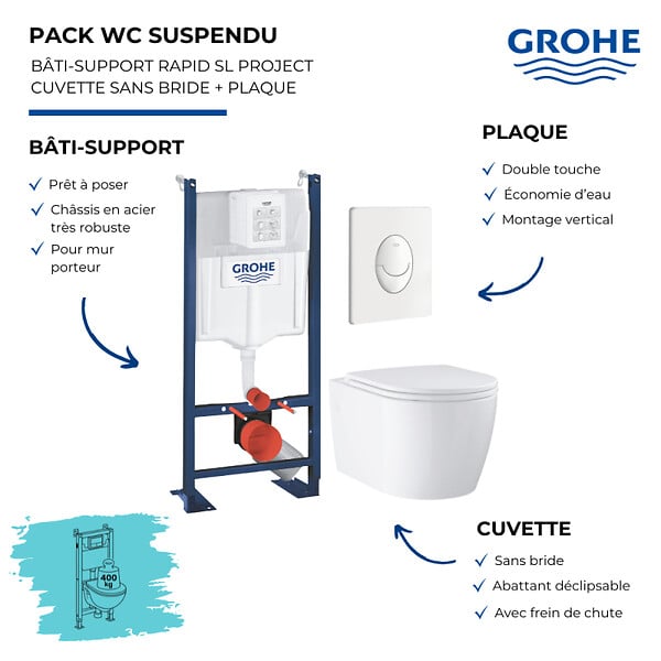 GROHE - Pack WC suspendu sans bride Start Round Ceramic  + abattant frein de chute + Bâti-support mur + Plaque blanc alpin - large