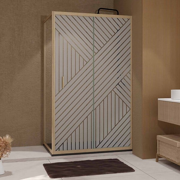 AURLANE - Porte de Douche Coulissante avec Retour 120x80x200cm Style Japandi Géométrique - Cadre Effet Bois - large