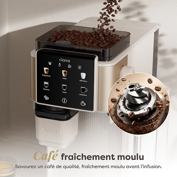 CIARRA - Machine à café expresso CIARRA CBSACM-D6 semi-automatique avec broyeur, carafe à lait, cappuccino, latte, écran tactile, compacte - 1400 W - large