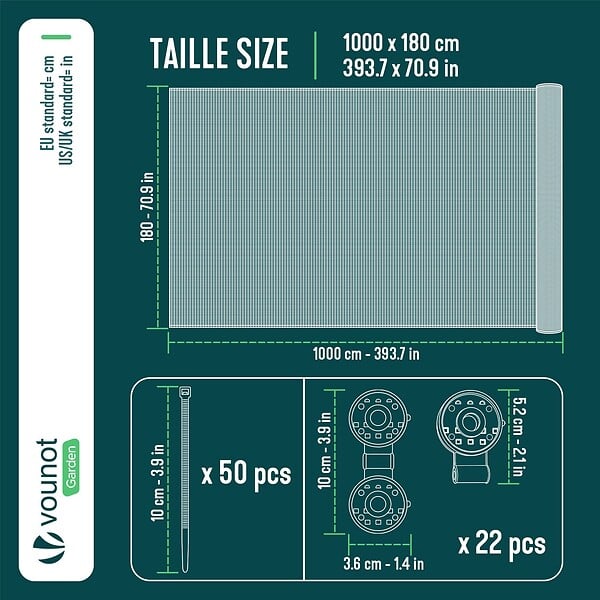 VOUNOT - Brise vue occultant en HDPE 90g/m² 1.8x10m avec attaches de fixation gris - large