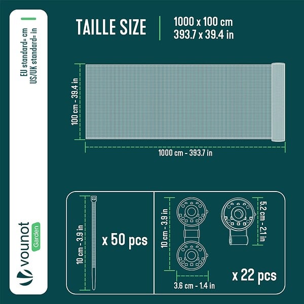 VOUNOT - Brise vue occultant en HDPE 90g/m² 1x10m avec attaches de fixation anthracite - large
