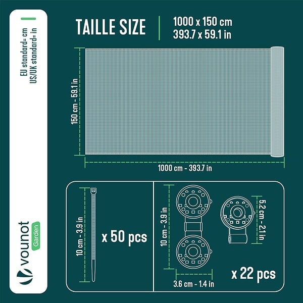 VOUNOT - Brise vue occultant en HDPE 90g/m² 1.5x10m avec attaches de fixation gris - large