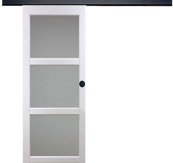 GD MENUISERIES - Porte Coulissante Kenya Blanc Vitrée H204 x L73 cm, Rail Alu bandeau noir, Coquilles Noir - large