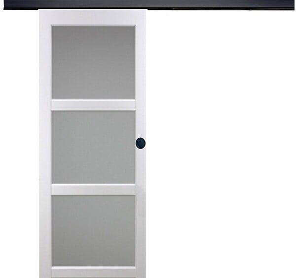 GD MENUISERIES - Porte Coulissante Kenya Blanc Vitrée H204 x L83 cm, Rail Alu bandeau noir, Coquilles Noir - large