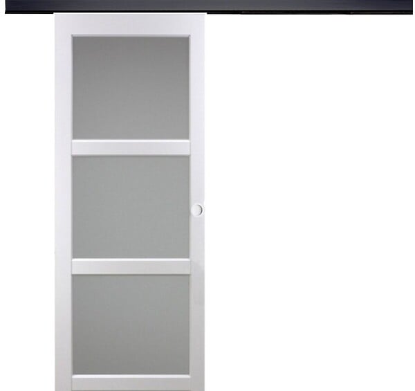 GD MENUISERIES - Porte Coulissante Kenya Blanc Vitrée H204 X L73 cm, Rail Alu Bandeau Noir, Coquilles Blanc - large