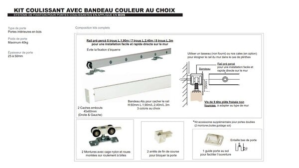GD MENUISERIES - Porte Coulissante Kenya Blanc Vitrée H204 X L73 cm, Rail Alu Bandeau Noir, Coquilles Blanc - large