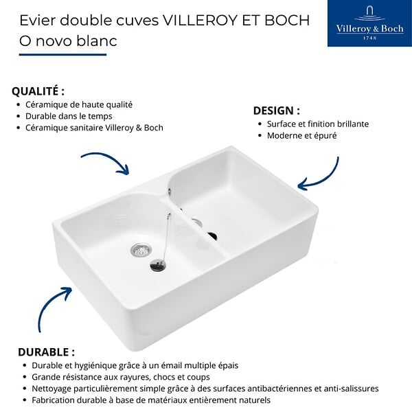 VILLEROY & BOCH - Evier 2 bacs BIBAC O.NOVO - Dimensions : 80 x 50 x 22 cm - couleur : BLANC- réf : 63310001 - VILLEROY ET BOCH - large