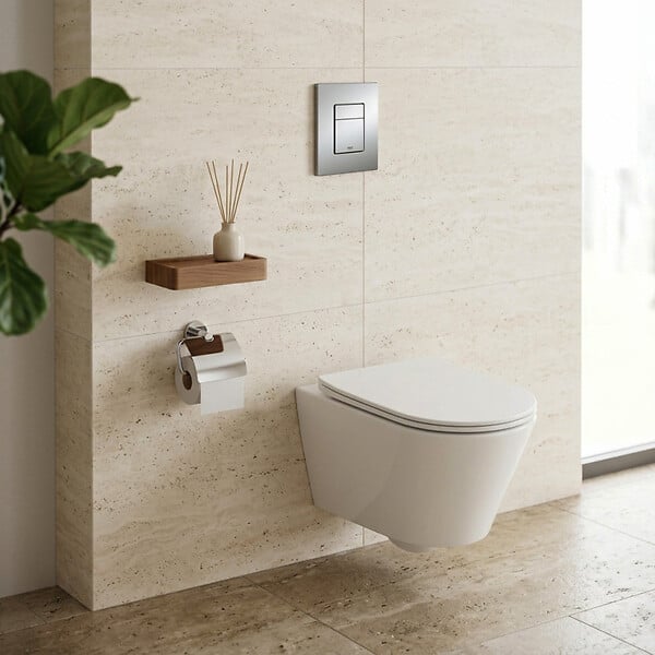 GROHE - Pack WC Bati support autoportant + WC SAT sans bride + Abattant Soft close + Plaque chrome (Autoportant-Infinitio-1) - large