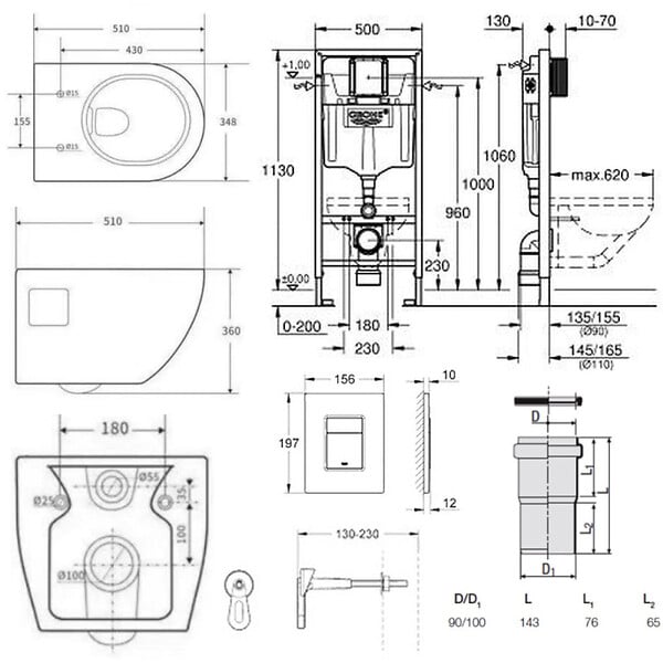 GROHE - Pack WC Bâti-support Rapid SL  + WC sans bride SAT + Abattant SoftClose + Plaque Chrome (RapidSL-Project-1) - large
