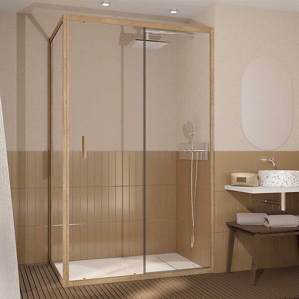 AURLANE - Porte de Douche Coulissante et Retour 120x80x200cm - Profilés Alu Effet Bois - Verre Trempé 6mm - large