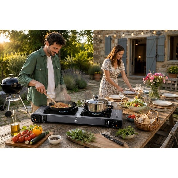 INTEC - Réchaud à Gaz 2 Feux 3800W Allumage Piezo + 4 Cartouches gaz Butane - Cuisinière à gaz Portable Camping Cuisine Extérieure INTEC - large