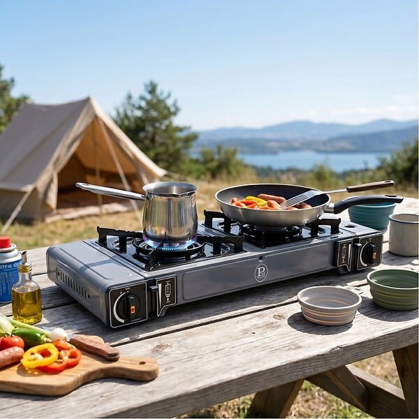 INTEC - Réchaud à Gaz 2 Feux 3800W Allumage Piezo + 4 Cartouches gaz Butane - Cuisinière à gaz Portable Camping Cuisine Extérieure INTEC - large