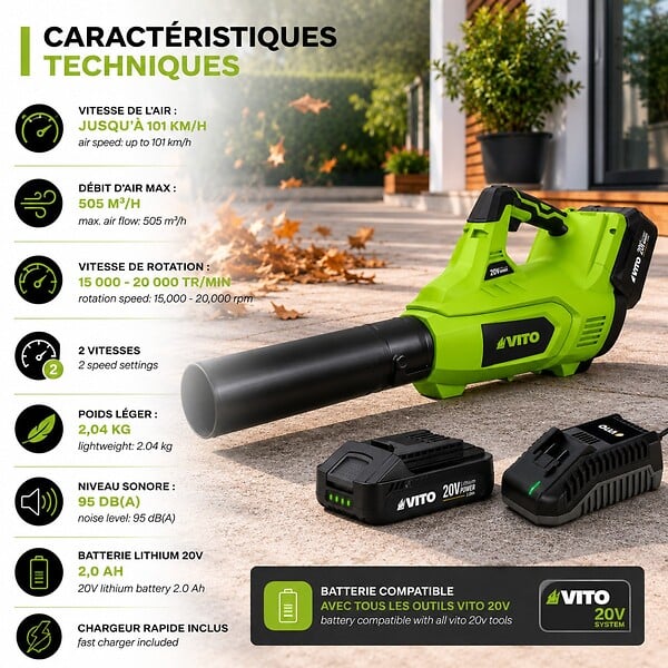 VITO - Souffleur de Feuilles Sans Fil 20V + Batterie 2Ah + Chargeur rapide 2 Vitesses Nettoyage Terrasse Allée Jardin VITO - large
