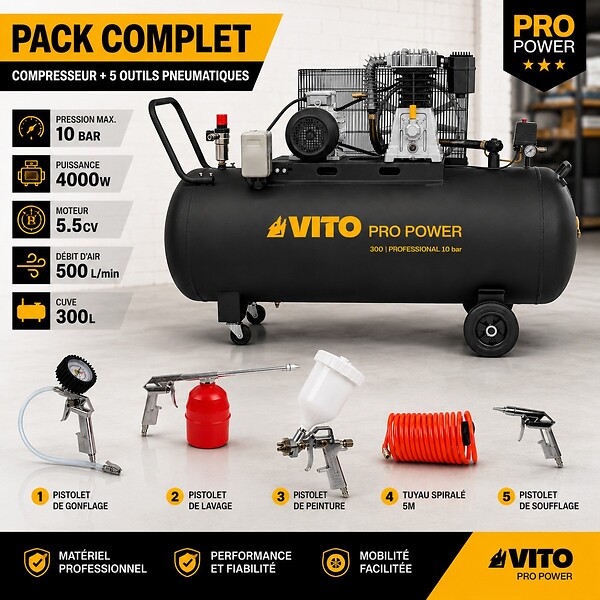 VITO - Compresseur d'air 300L 10Bar 4kW 500L/min + 5 Outils pneumatiques Kit Complet Gonflage Soufflage Peinture Garage Atelier VITO - large