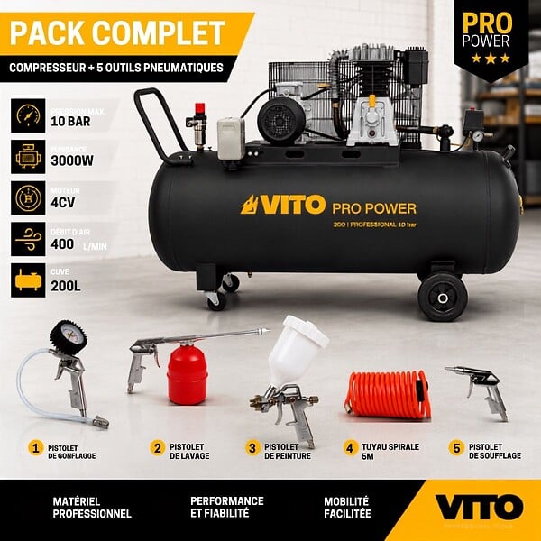 VITO - Compresseur d'air 200L 10Bar 3kW 400L/min + 5 Outils pneumatiques Kit Complet Gonflage Soufflage Peinture Garage Atelier VITO - large