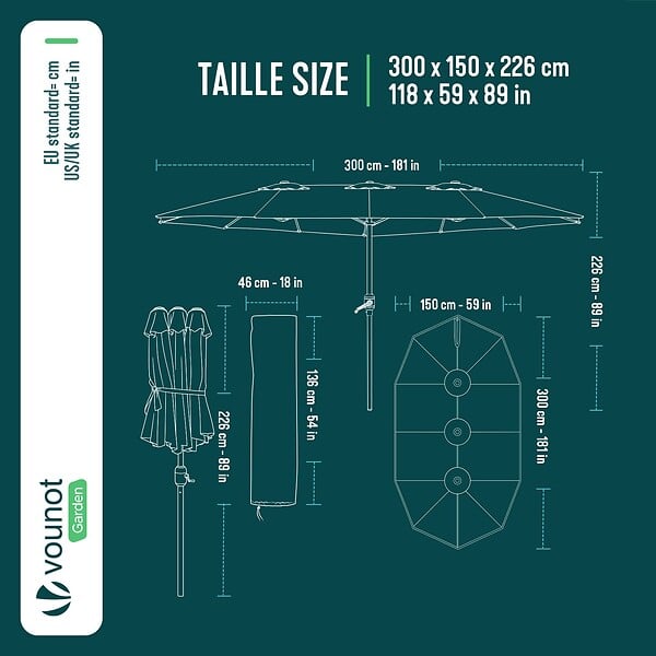 VOUNOT - Parasol Jardin Double Aluminium 150 x 300 cm gris - large